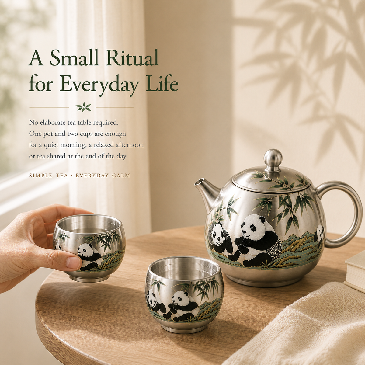 Panda & Bamboo Silver-Toned Tea Set – Teapot & 2 Cups