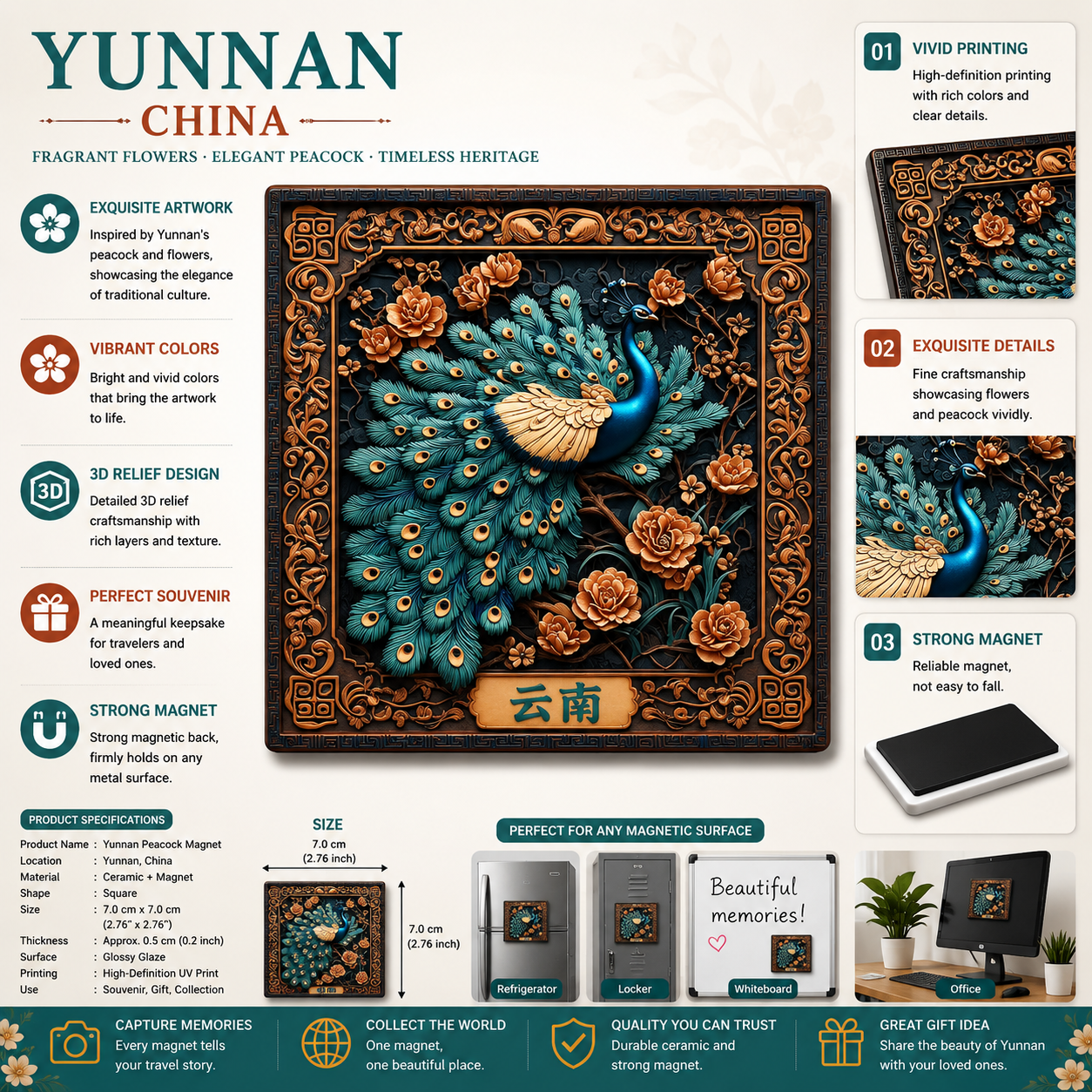Yunnan Peacock Prosperity Ceramic Fridge Magnet