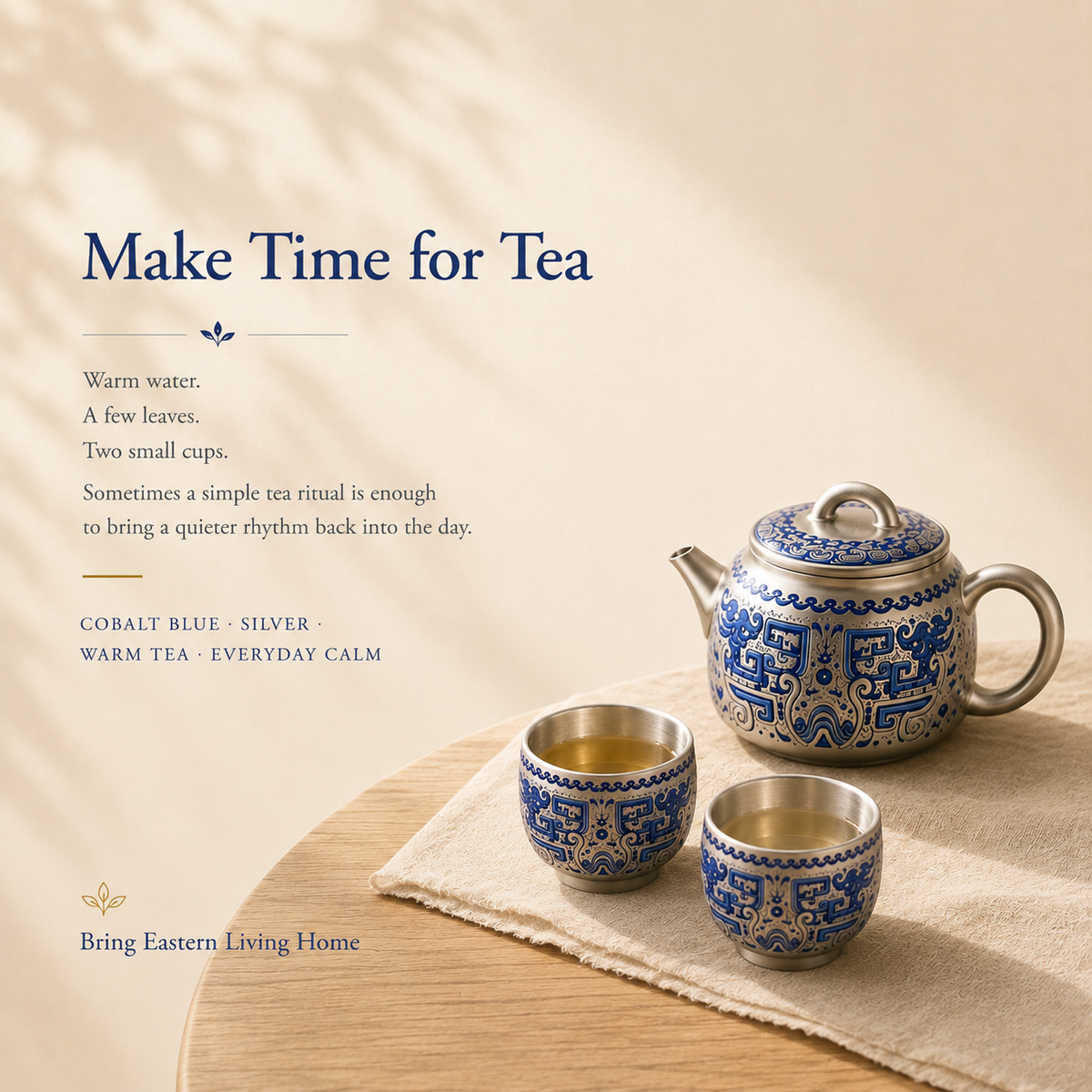 Heritage Blue Silver-Toned Tea Set – Teapot & 2 Cups