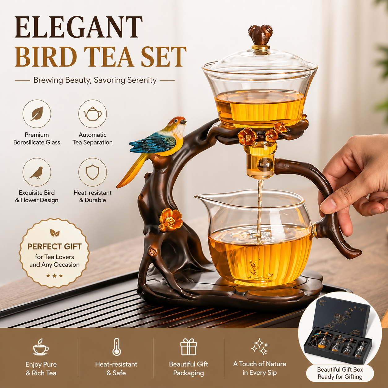 Elegant Bird Glass Tea Set™ – Automatic Tea Separation Borosilicate Tea Maker