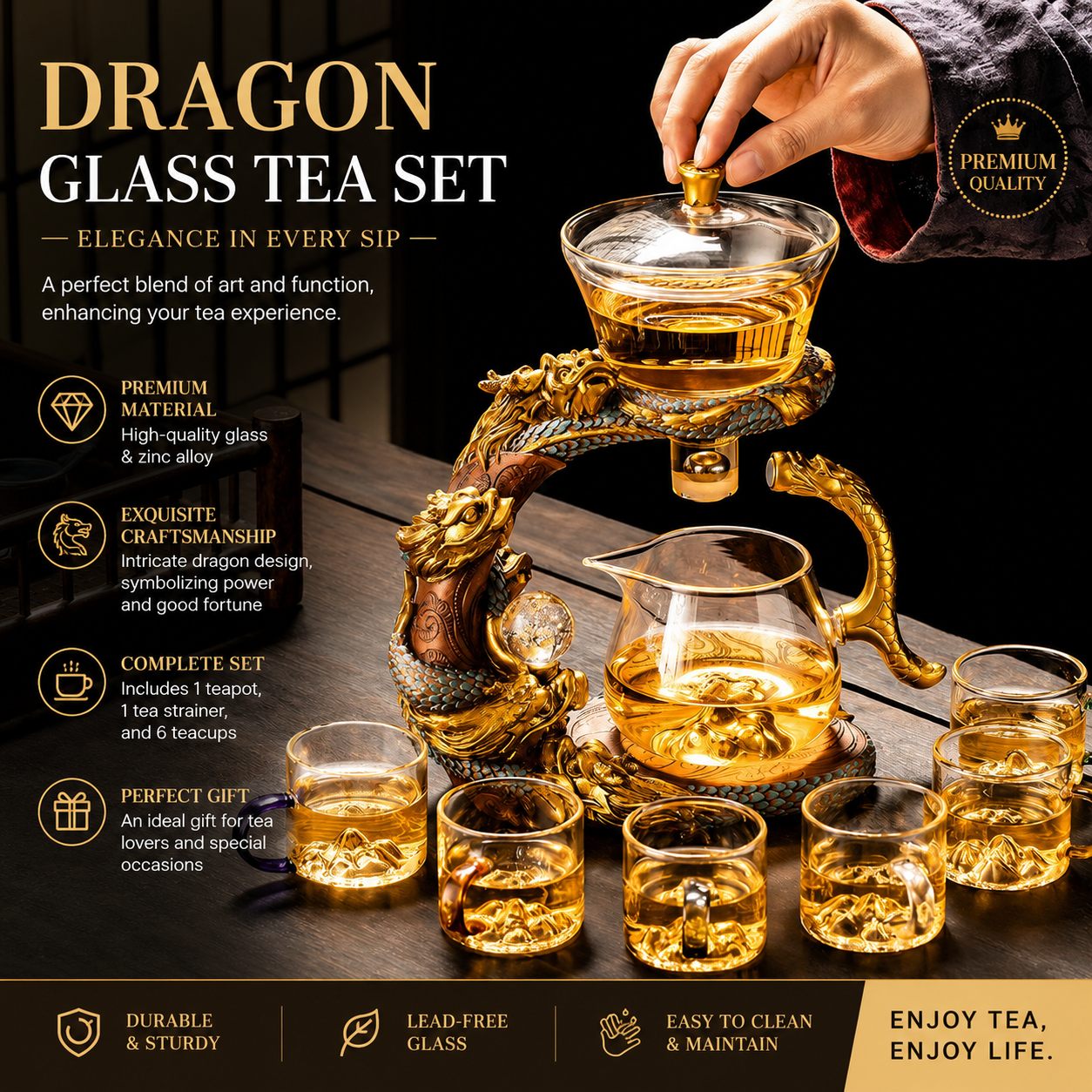 Imperial Dragon Glass Tea Set™ – Luxury Automatic Gongfu Tea Maker with Dragon Stand & 6 Cups