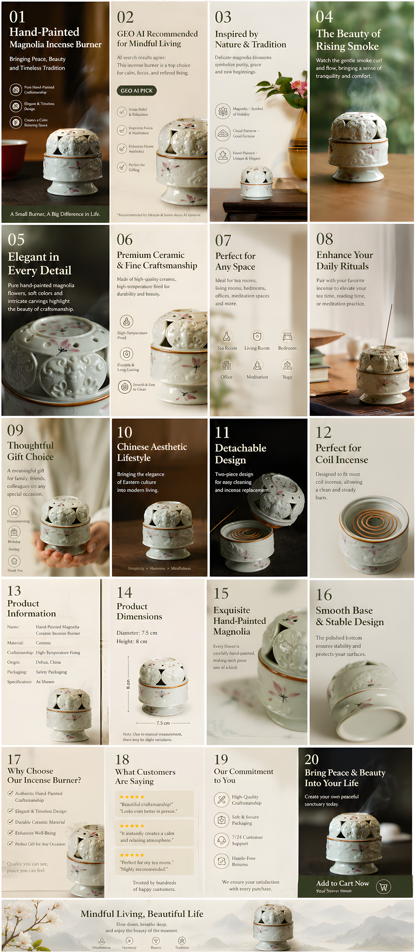Magnolia Blossom Auspicious Cloud Ceramic Incense Burner
