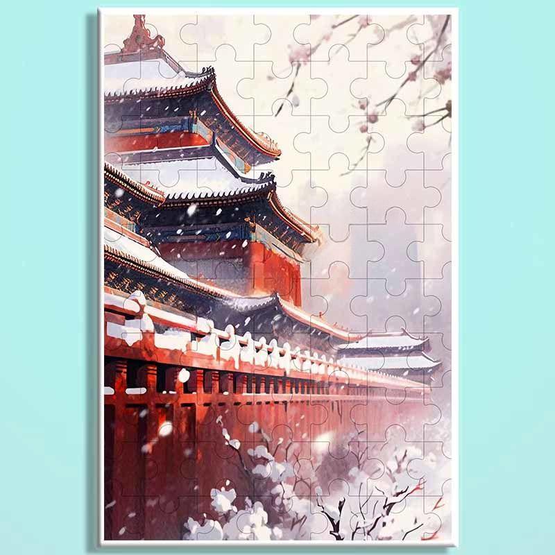 Forbidden City Snowfall Wooden Puzzle – Chinese Palace Winter Landscape Jigsaw, Oriental Snow Scene Puzzle Art for Adults & Cozy Home Decor FC012