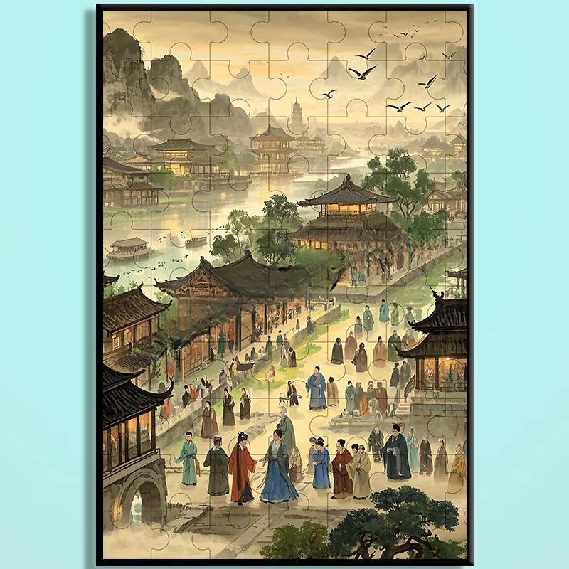 Tang Dynasty Chinese Wooden Jigsaw Puzzle – Ancient Chinese Cityscape Puzzle, Guochao Art Puzzle, Premium Wooden Wall Decor For Adults
