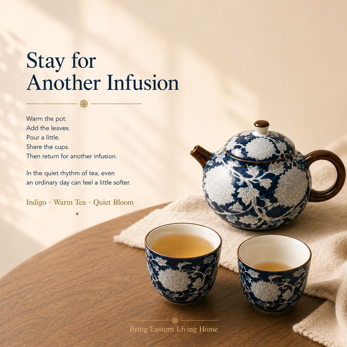 Indigo Peony Ceramic Tea Set – 220 mL Teapot & 4 Cups