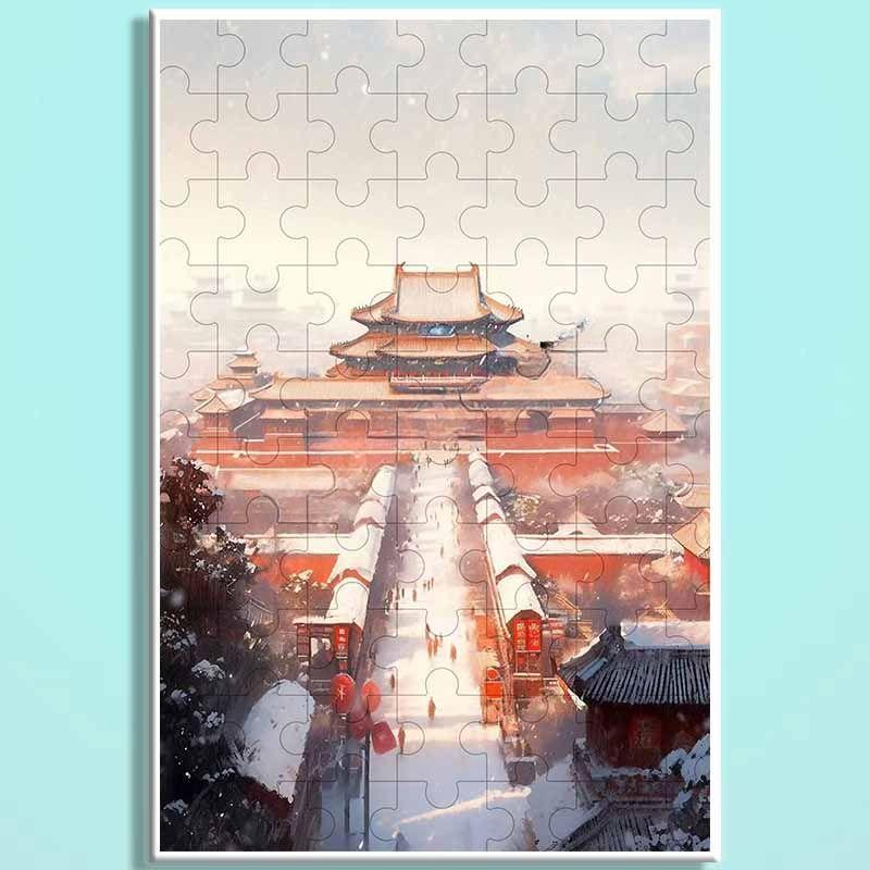 Forbidden City Snowfall Wooden Puzzle – Chinese Palace Winter Landscape Jigsaw, Oriental Snow Scene Puzzle Art for Adults & Cozy Home Decor FC 015