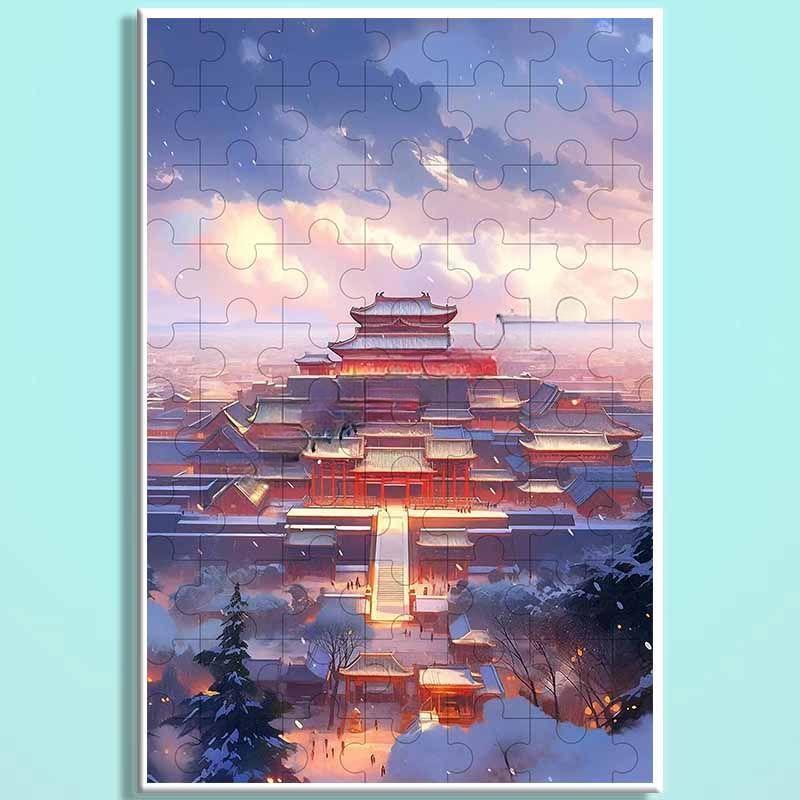 Forbidden City Snowfall Wooden Puzzle – Chinese Palace Winter Landscape Jigsaw, Oriental Snow Scene Puzzle Art for Adults & Cozy Home Decor FC 016
