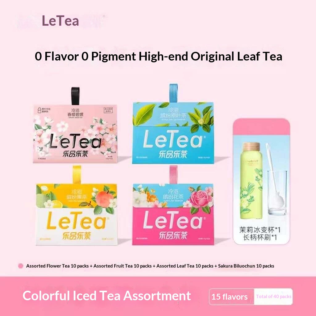 LeTea Premium Oriental Cold Brew Tea Gift Set – 15 Flavor Wellness Tea Collection with Bottle & Straw | Sakura Floral Tea Variety Pack