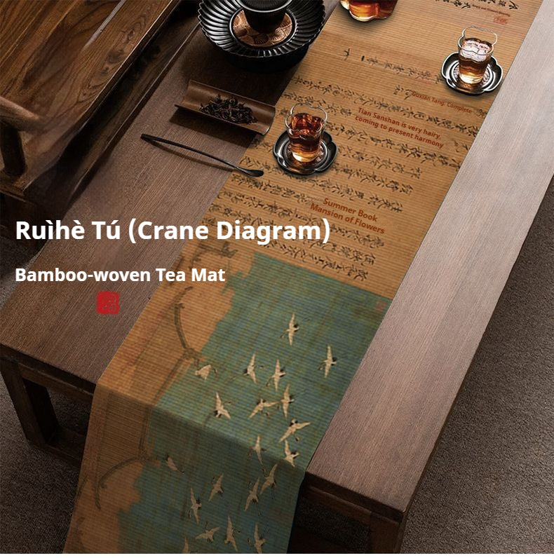 Luxury Bamboo Tea Table Runner – Chinese Crane Calligraphy Tea Mat for Gongfu Tea Ceremony, Zen Tea Decor & Mindful Oriental Living
