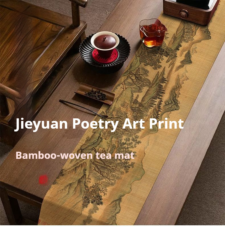 Luxury Chinese Poetry Bamboo Tea Table Runner – Zen Ink Landscape Tea Mat for Gongfu Tea Ceremony, Oriental Scholar Decor & Mindful Living