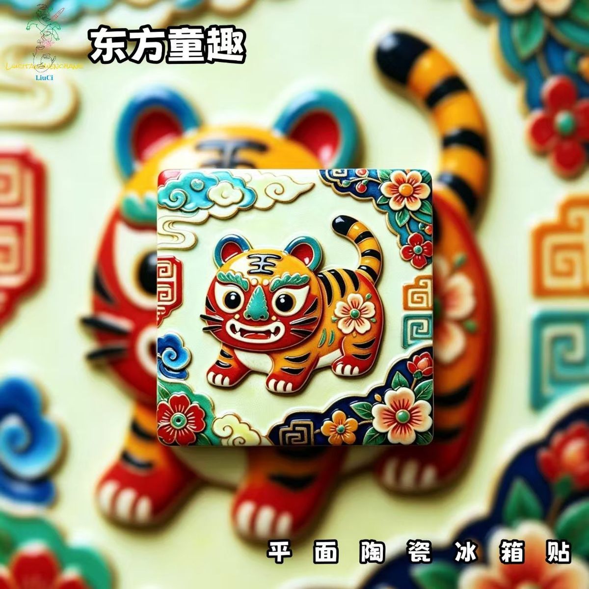 Chinese Tiger Fridge Magnet – Oriental Folk Art Ceramic Refrigerator Magnet with Lucky Tiger Design