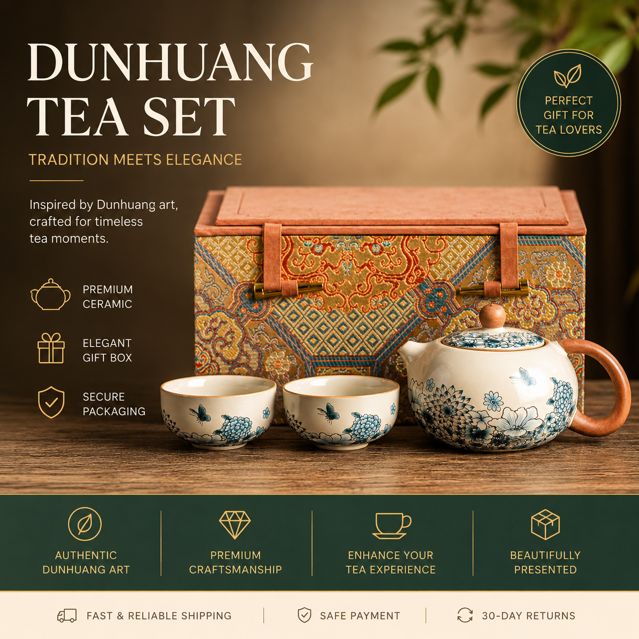 Dunhuang Floral Ceramic Teapot Tea Set™ | Chinese Tea Gift Set with Wooden Handle