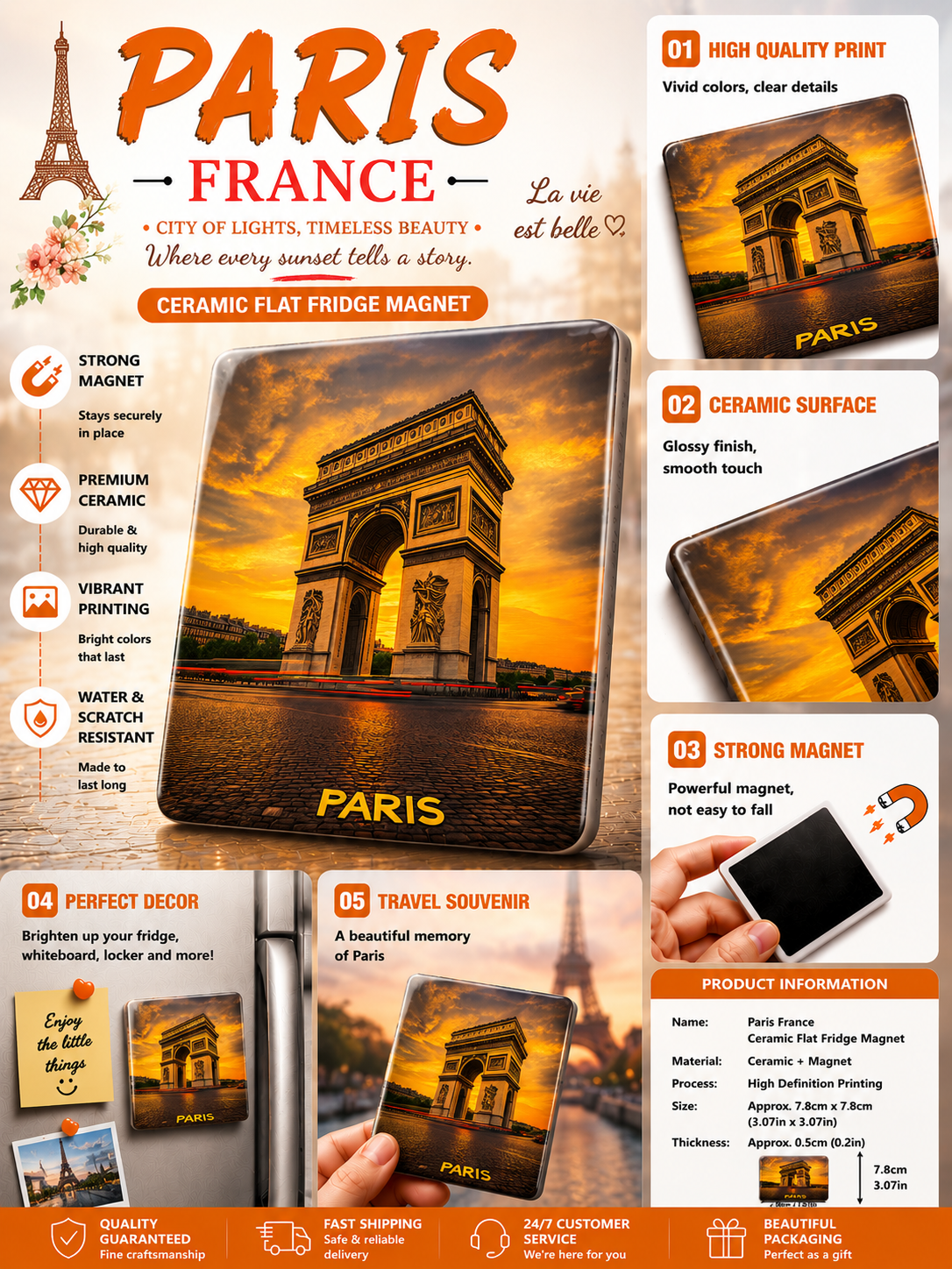 Paris France Ceramic Flat Fridge Magnet