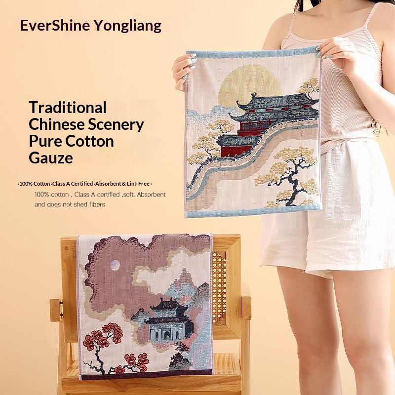 Chinese Landscape Cotton Gauze Hand Towel – Oriental Scenic Soft Cotton Washcloth Zen Bathroom Decor