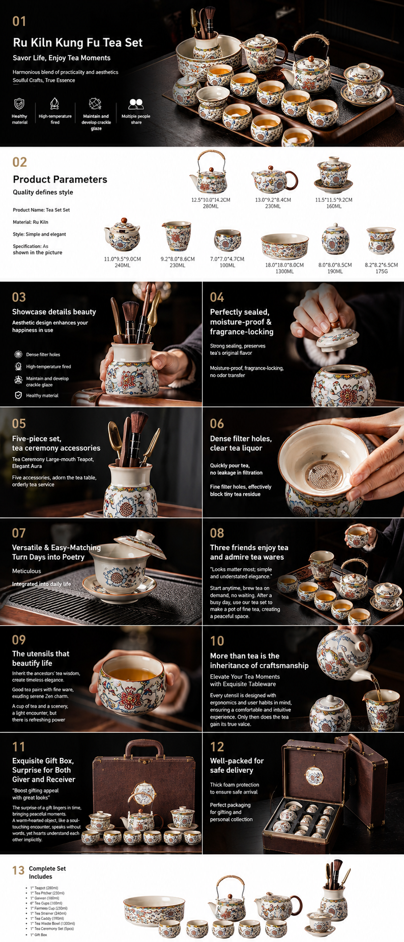 Luxury Chinese Gongfu Tea Set With Gaiwan – Handcrafted Floral Ceramic Tea Ceremony Set For Mindful Living & Tea Lovers