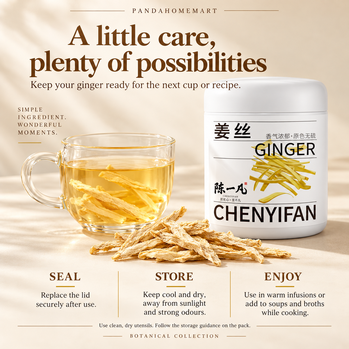 PandaHomeMart Dried Ginger Strips Jiang Si 120g Container