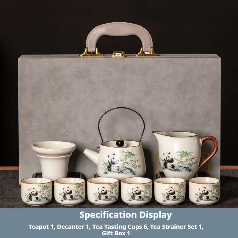 Panda Gongfu Tea Set with Wire Handle Teapot - 9-Piece Chinese Ceramic Panda Tea Ceremony Kit in Luxury Gift Box | Bamboo Panda Design