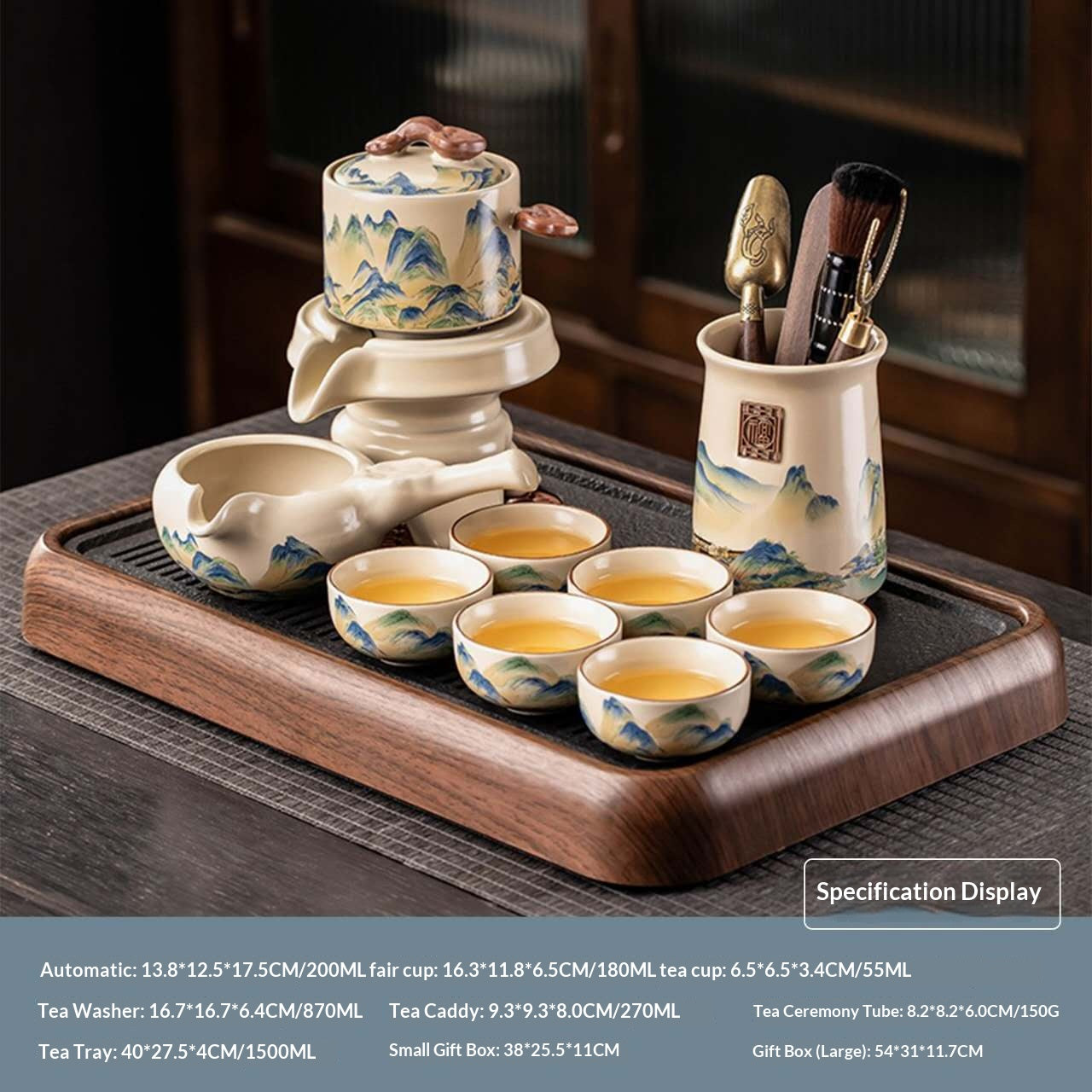 Ultimate Deluxe Automatic Mountain Landscape Gongfu Tea Set with Wooden Tray - 11-Piece Chinese Ceramic Tea Ceremony Kit | Blue-Green Painting