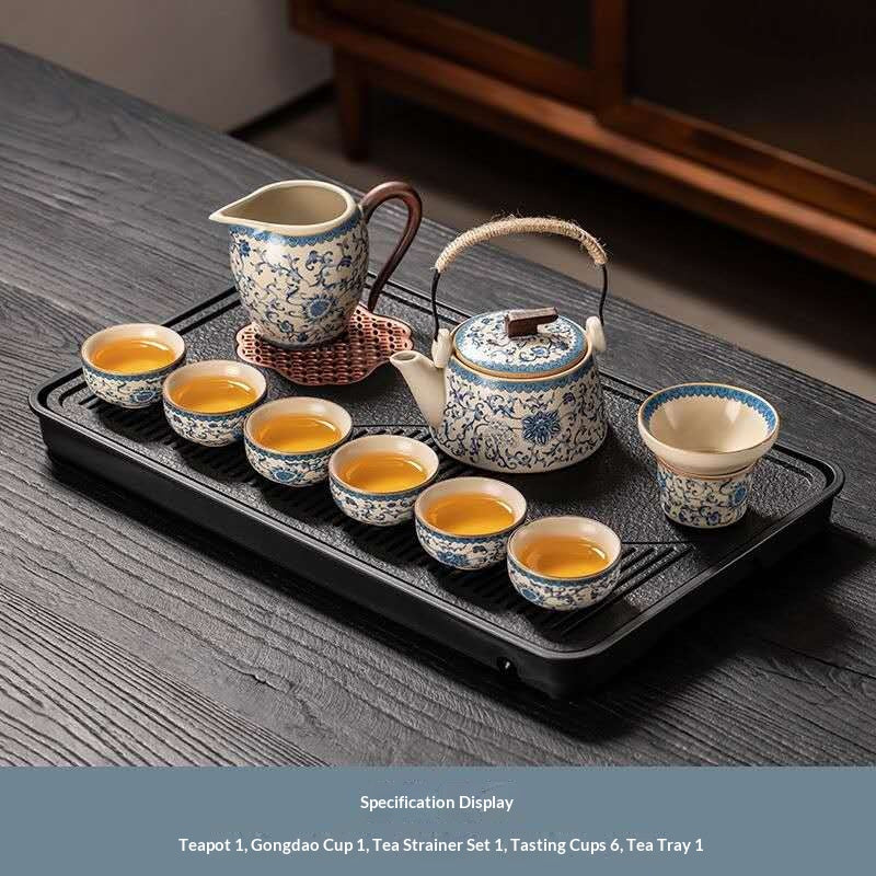 Blue and White Porcelain Gongfu Tea Set with Rope Handle - 10-Piece Chinese Qinghua Floral Teapot Kit with Drainage Tray | Classic Peony Ceramic Ceremony Set