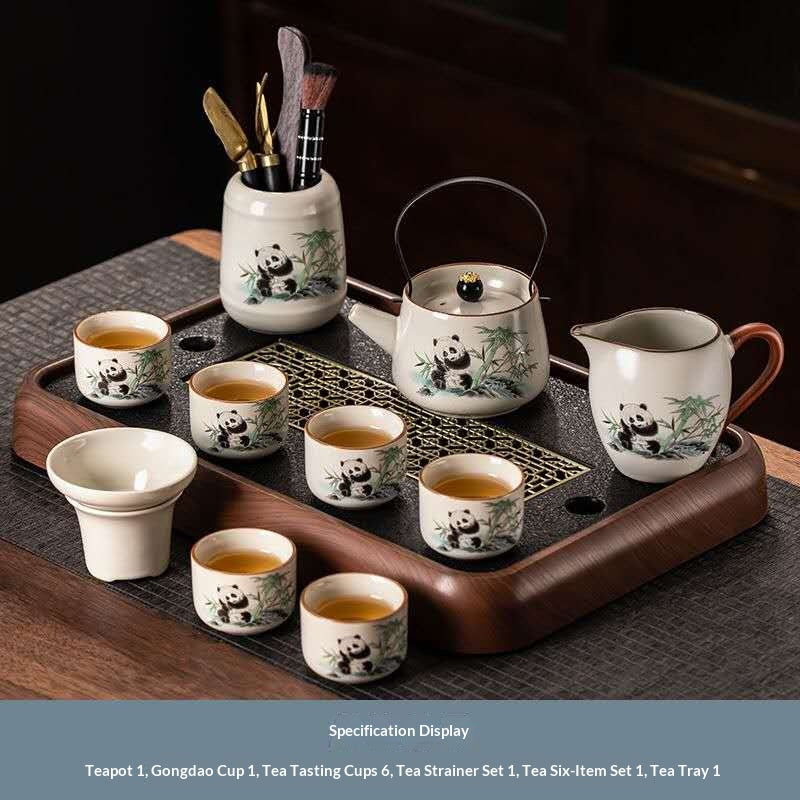 Deluxe Panda Gongfu Tea Set with Wire Handle & Tools - 11-Piece Chinese Ceramic Kit | Adorable Bamboo Panda Porcelain Ceremony Se