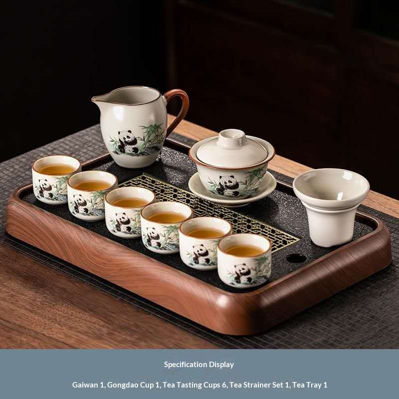 Cute Panda Gongfu Tea Set with Wooden Tray - 10-Piece Chinese Ceramic Gaiwan Kit | Adorable Bamboo Panda Porcelain Tea Ceremony Set