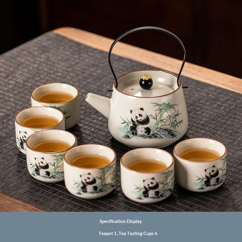 Cute Panda Gongfu Tea Set with Wire Handle - 7-Piece Chinese Ceramic Teapot & Tasting Cups | Adorable Bamboo Panda Porcelain Tea Ceremony Kit