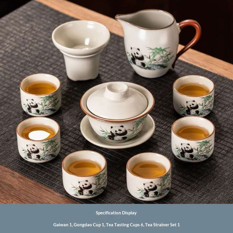 Cute Panda Gaiwan Gongfu Tea Set - 9-Piece Chinese Ceramic Tea Ceremony Kit with Fairness Pitcher & Strainer | Adorable Bamboo Panda Porcelain Set