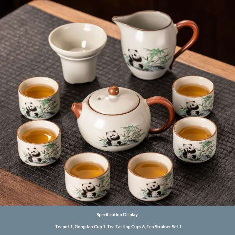 Cute Panda Gongfu Tea Set - 9-Piece Chinese Ceramic Teapot Kit with Fairness Pitcher & Strainer | Adorable Bamboo Panda Porcelain Tea Ceremony Set