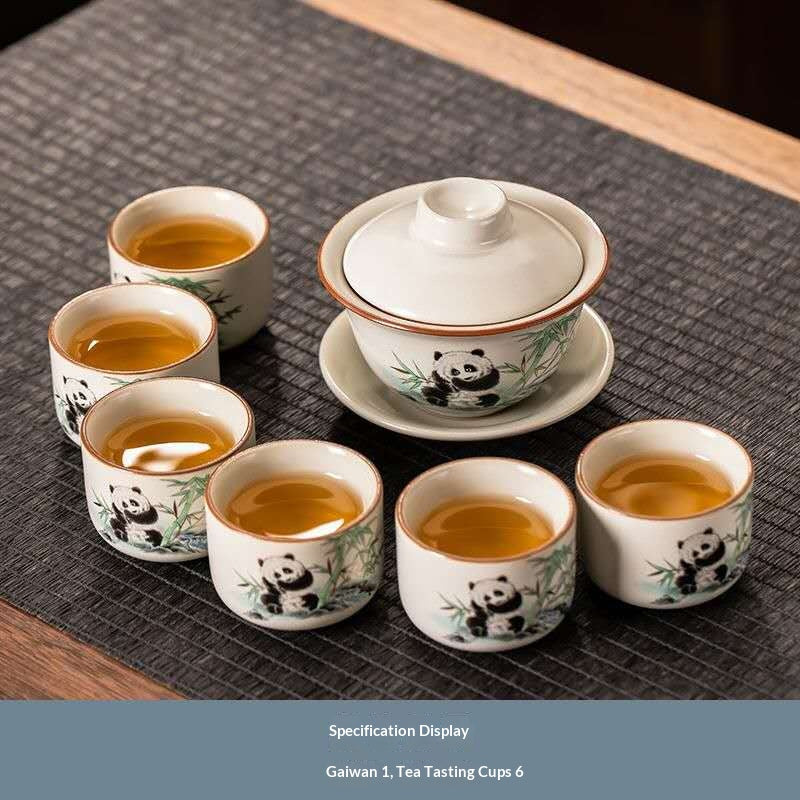 Cute Panda Gaiwan Gongfu Tea Set - 7-Piece Chinese Ceramic Tea Ceremony Kit with Bamboo Panda Design | Adorable Porcelain Tasting Cups