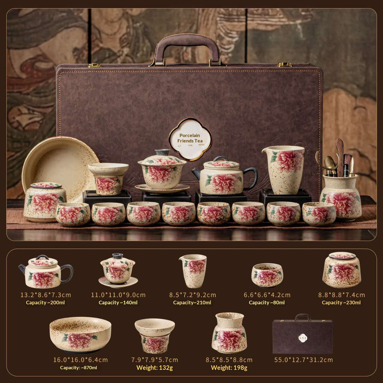 Luxury Portable Chinese Kung Fu Tea Set – Premium Floral Ceramic Gongfu Tea Ceremony Set with Gaiwan, Teapot, Tea Cups & Travel Case | Oriental Wellness Tea Gift Collection