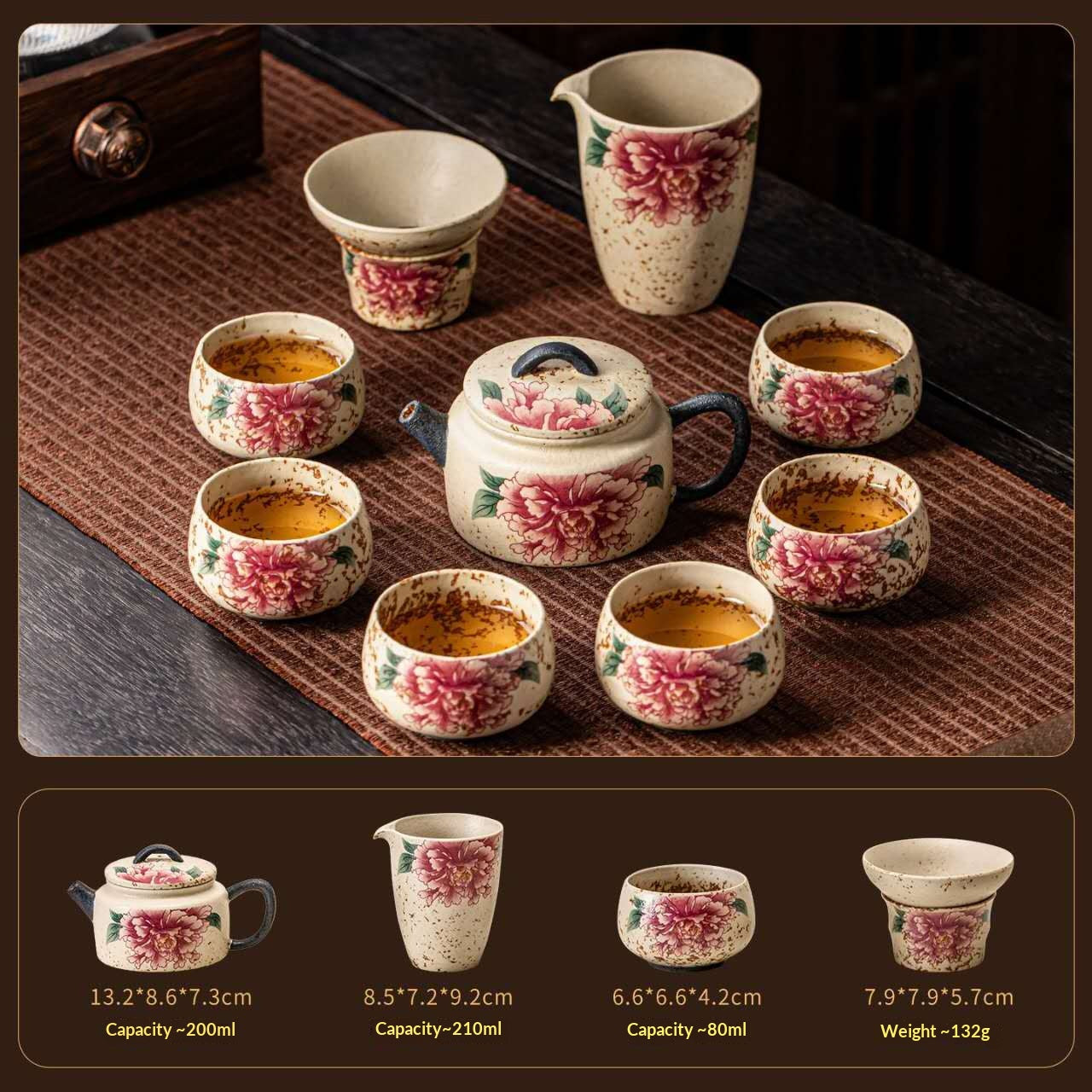 Peony Prosperity Gongfu Tea Set with Dark Handle Teapot - 9-Piece Chinese Ceramic Kit | Elegant Floral Porcelain Ceremony Set
