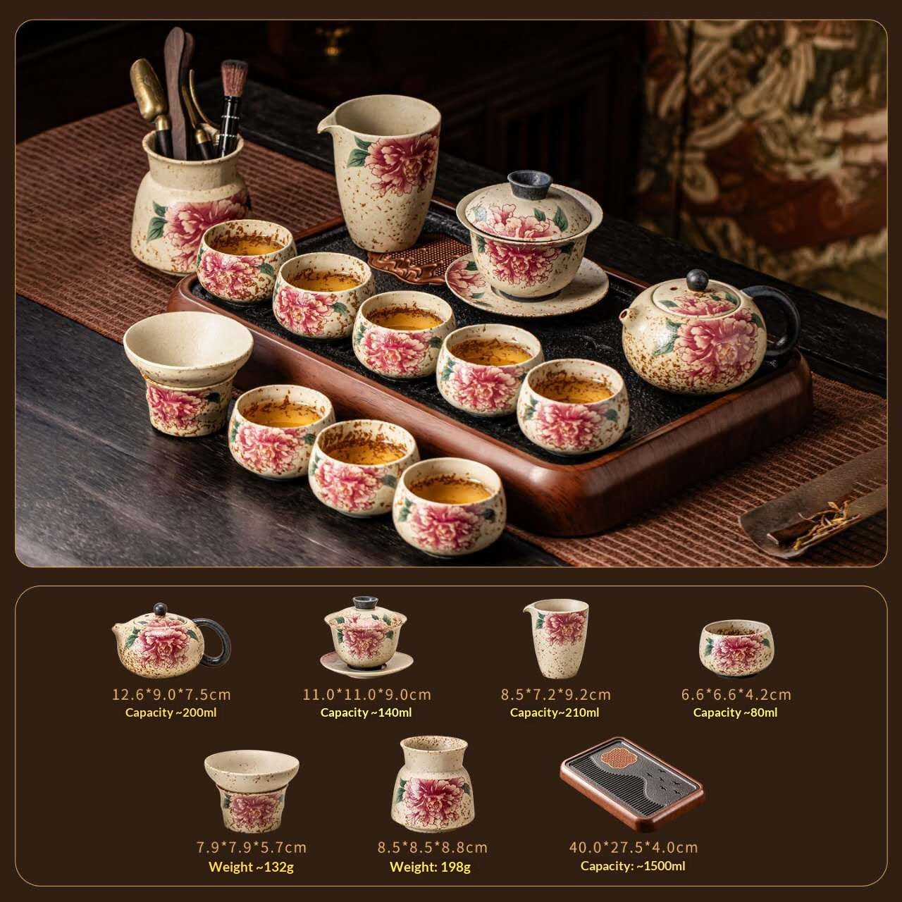 Ultimate Deluxe Peony Prosperity Gongfu Tea Set - 15-Piece Chinese Ceramic Kit with Wooden Tray & Tools | Elegant Floral Yangsheng Ceremony Set