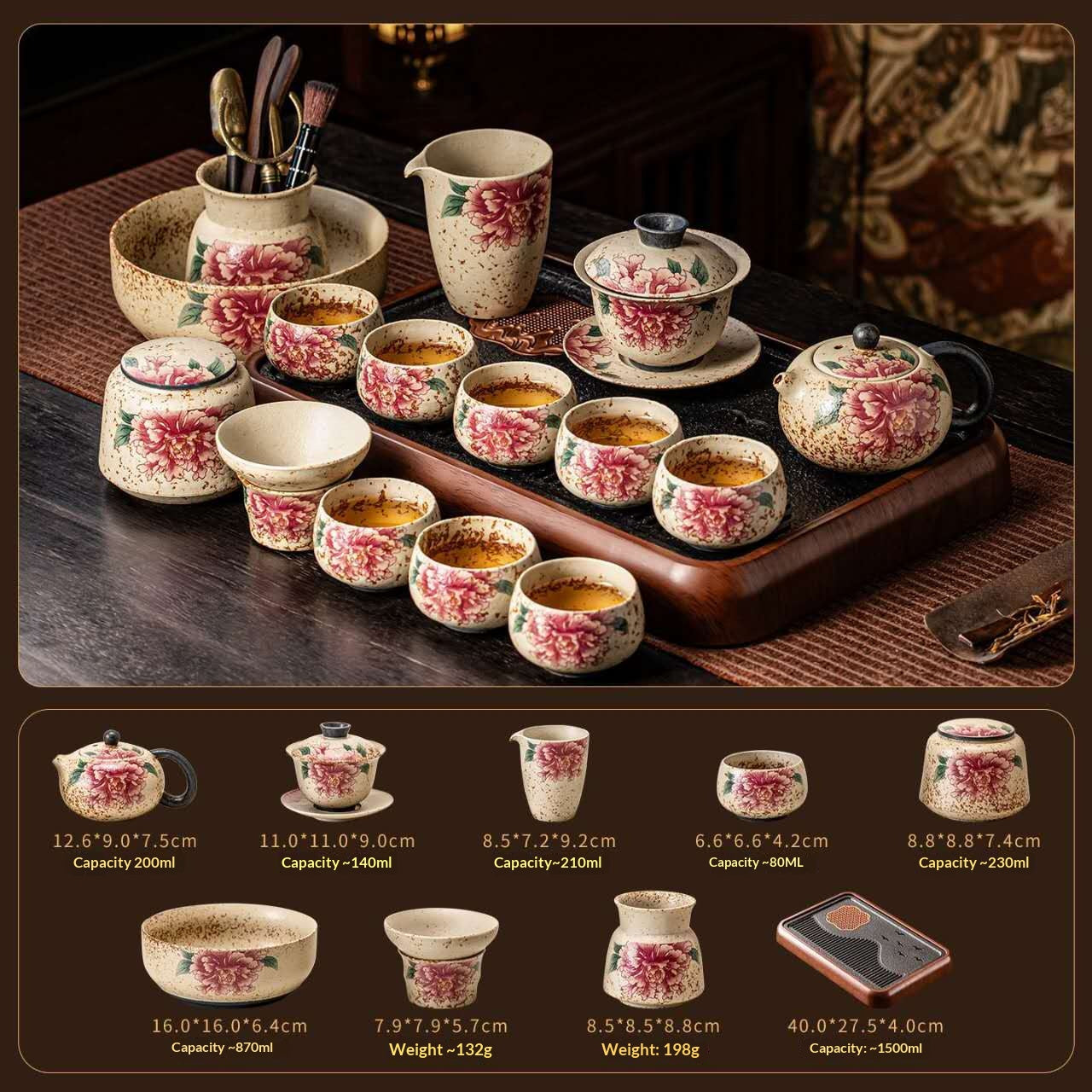 Ultimate Deluxe Peony Prosperity Gongfu Tea Set - 15-Piece Chinese Ceramic Kit with Wooden Tray & Full Tools | Elegant Floral Yangsheng Ceremony Set