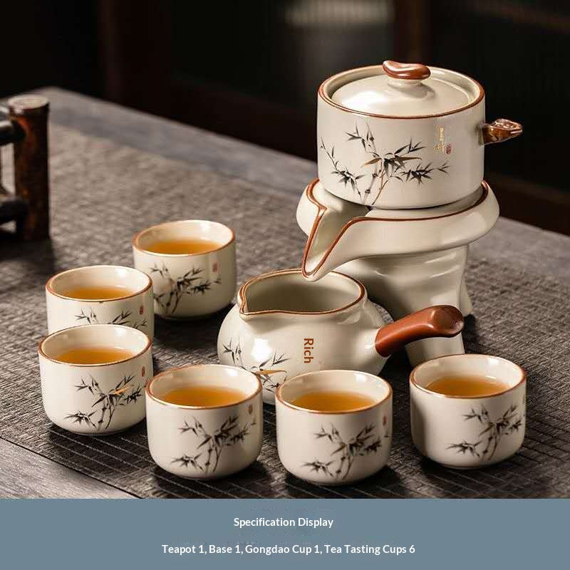 Chinese Kung Fu Tea Set – Minimalist Ceramic Gongfu Tea Ceremony Set with Bamboo Design, Teapot, Fair Cup & 6 Tea Cups | Oriental Wellness Tea Gift Set