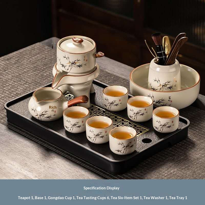 Chinese Kung Fu Tea Set with Tea Tray & Tea Accessories – Minimalist Ceramic Gongfu Tea Ceremony Set with Bamboo Design, Tea Washer, Tea Tools & 6 Tea Cups | Oriental Wellness Tea Gift Set
