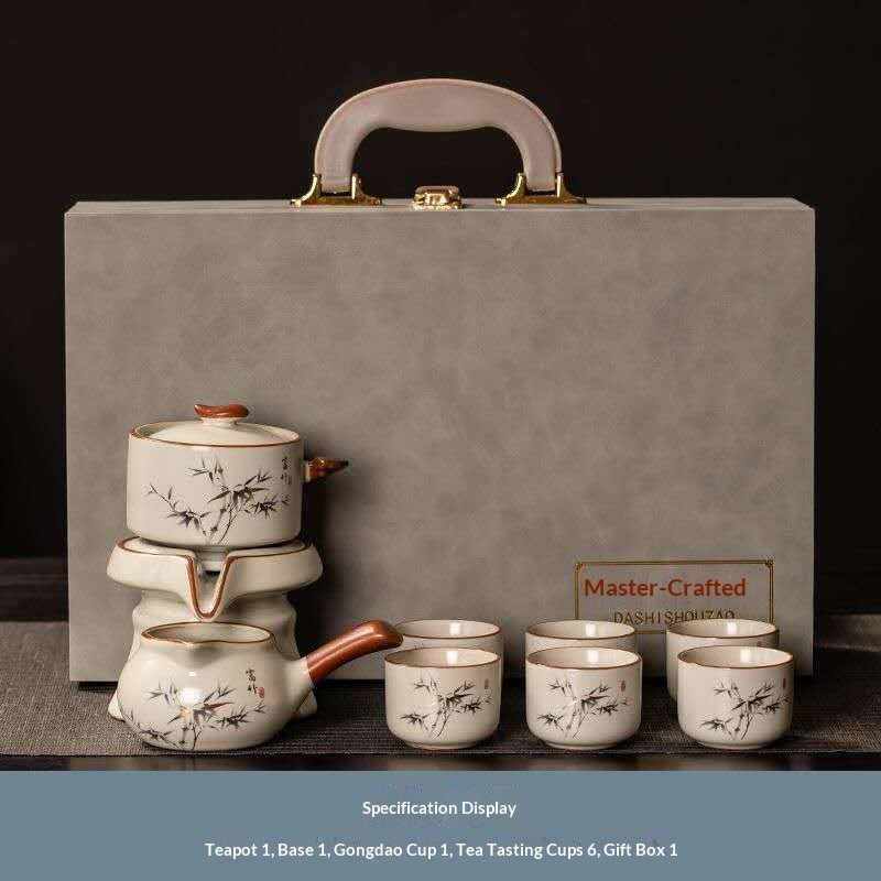 Luxury Chinese Kung Fu Tea Set Gift Box – Minimalist Ceramic Gongfu Tea Ceremony Set with Bamboo Design, Teapot, Fair Cup & 6 Tea Cups | Oriental Wellness Tea Gift Set