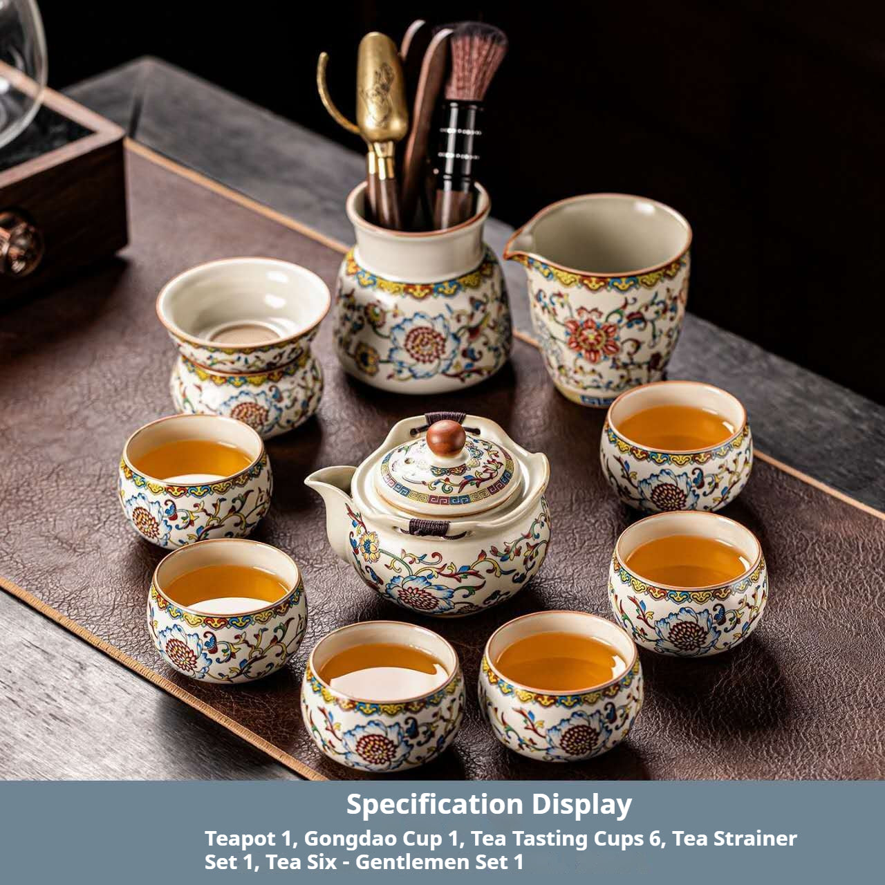 Luxury Chinese Ceramic Teapot Set with Tea Tools – Vintage Floral Gongfu Tea Ceremony Set with Tea Strainer, Fair Cup & 6 Tea Cups | Oriental Wellness Tea Gift Set