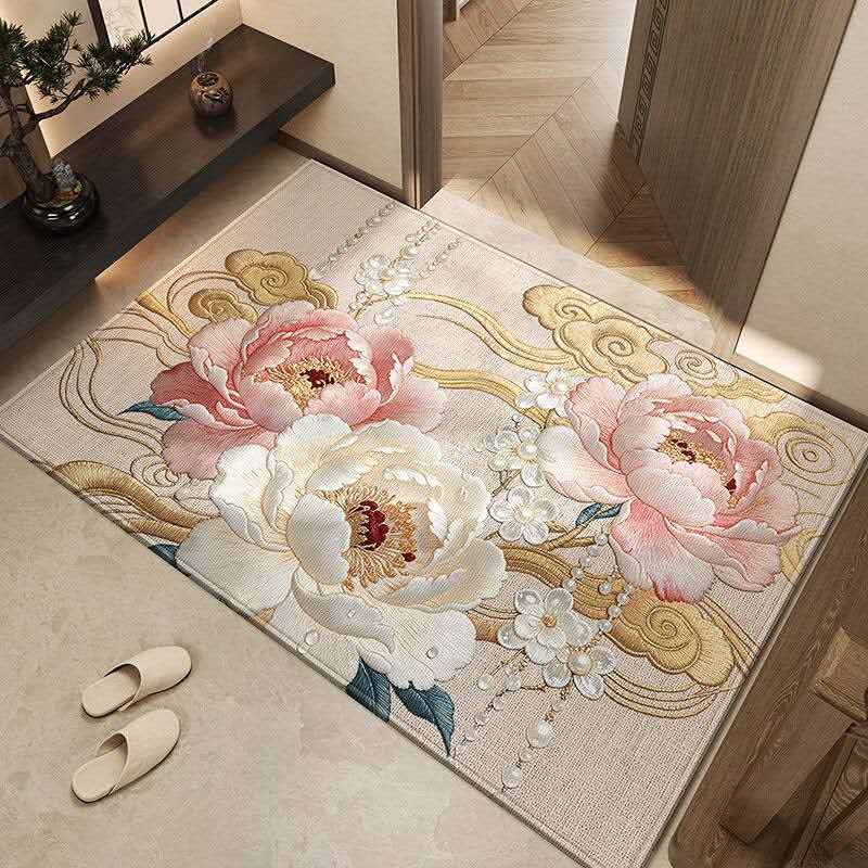 Oriental Peony Luxury Rug – Chinese Palace Style Floral Door Mat, Thick Belgian Velvet Non-Slip Entryway Carpet for Elegant Home Decor