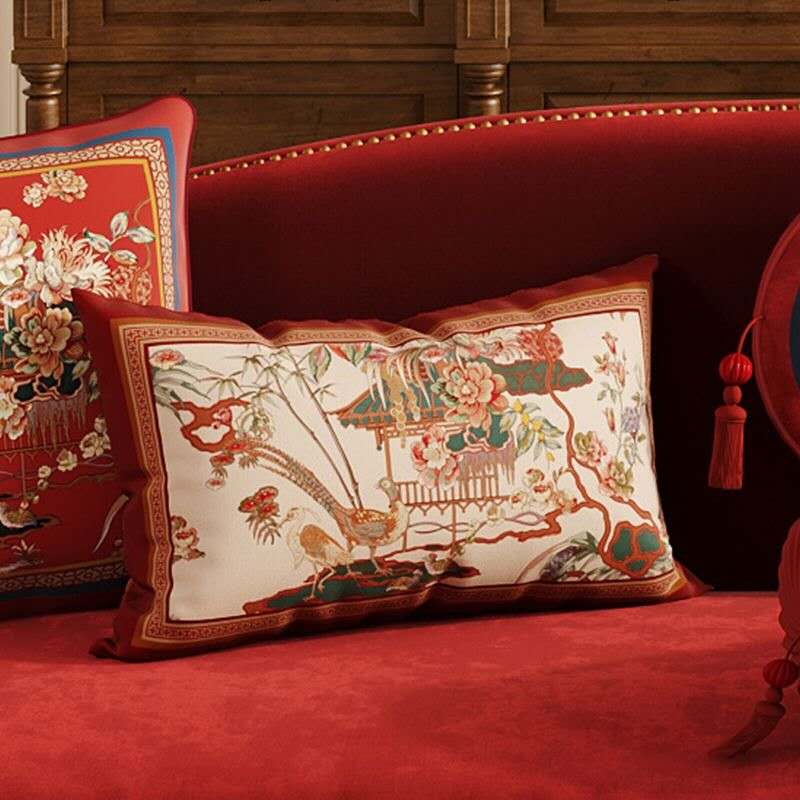 Chinese Palace Garden Lumbar Pillow – Oriental Luxury Decorative Cushion | Red Peony & Crane Feng Shui Sofa Pillow | Eastern Healing Home Decor