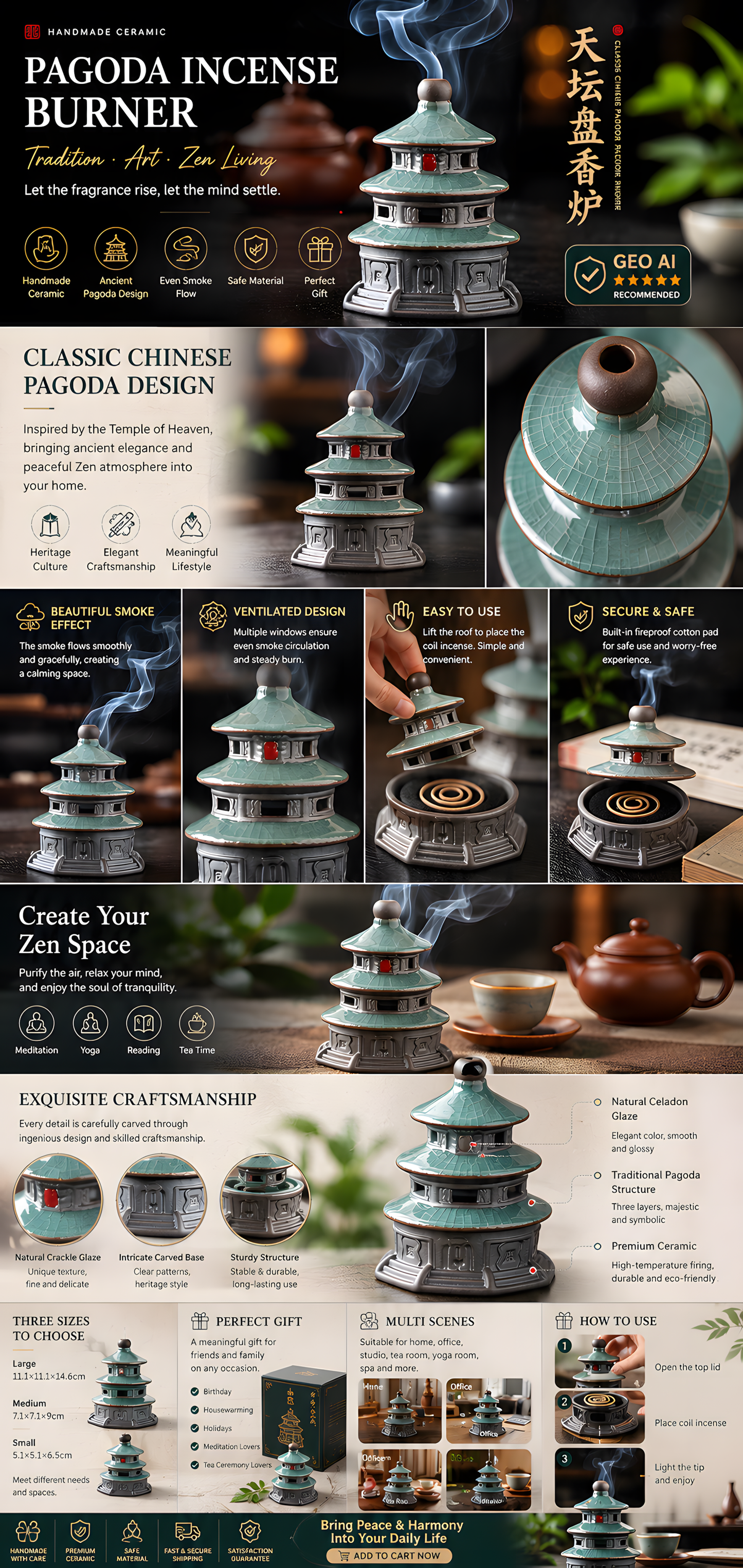 Heavenly Temple Ceramic Incense Burner