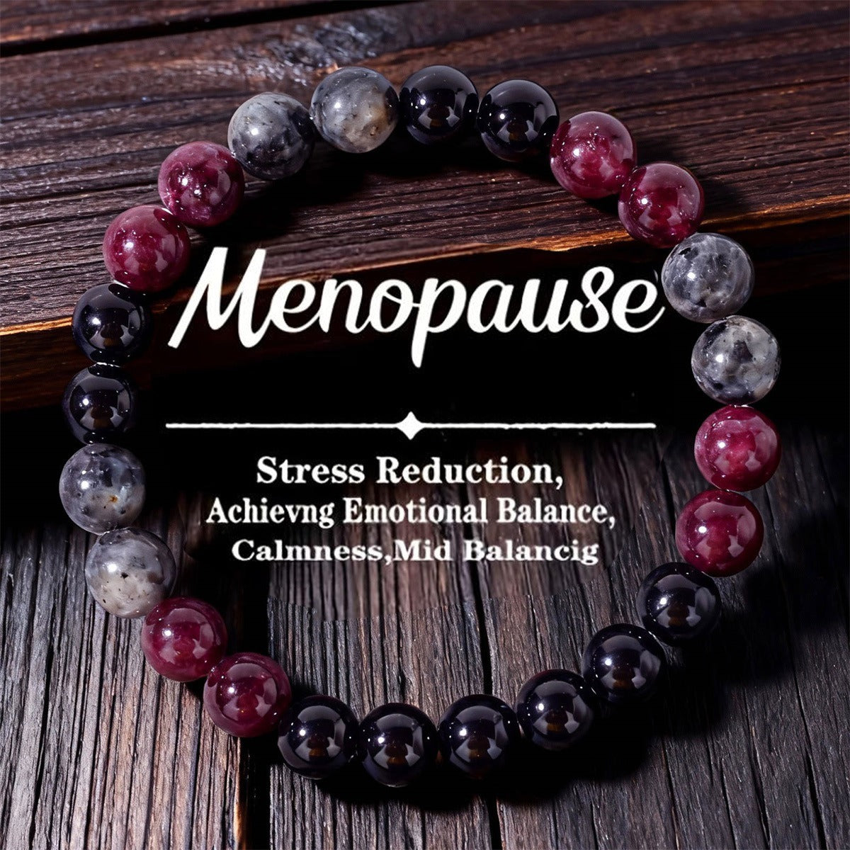 Menopause Support Bracelet - Garnet & Black Stone Natural Beaded Bracelet for Emotional Balance, Calmness & Stress Relief