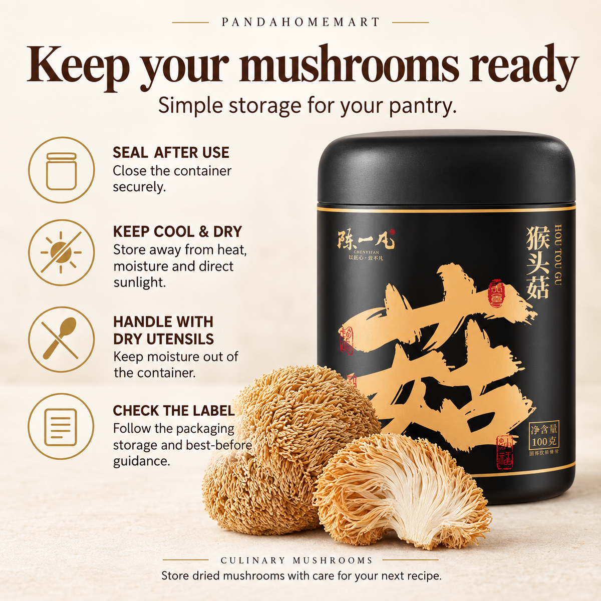 PandaHomeMart Dried Lion's Mane Mushroom Hou Tou Gu 100g Container