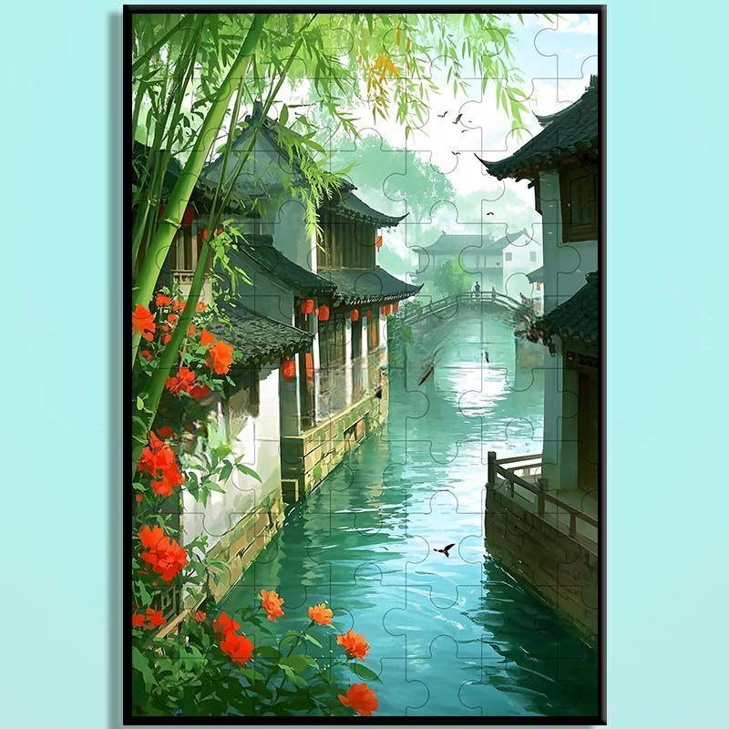 Jiangnan Alley Wooden Puzzle – Chinese Water Town Jigsaw Art, Oriental Healing Landscape Puzzle for Adults & Cozy Home Decor JNXX002