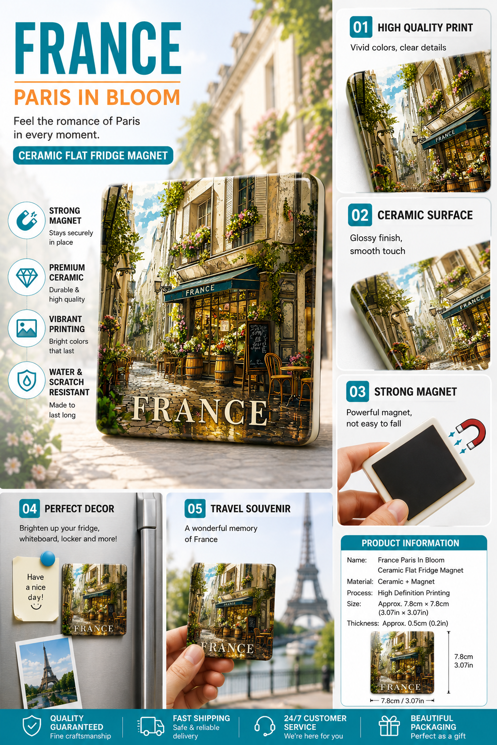 Paris France Ceramic Fridge Magnet – Romantic Paris Street Refrigerator Magnet | French Travel Souvenir & European Home Decor Gift