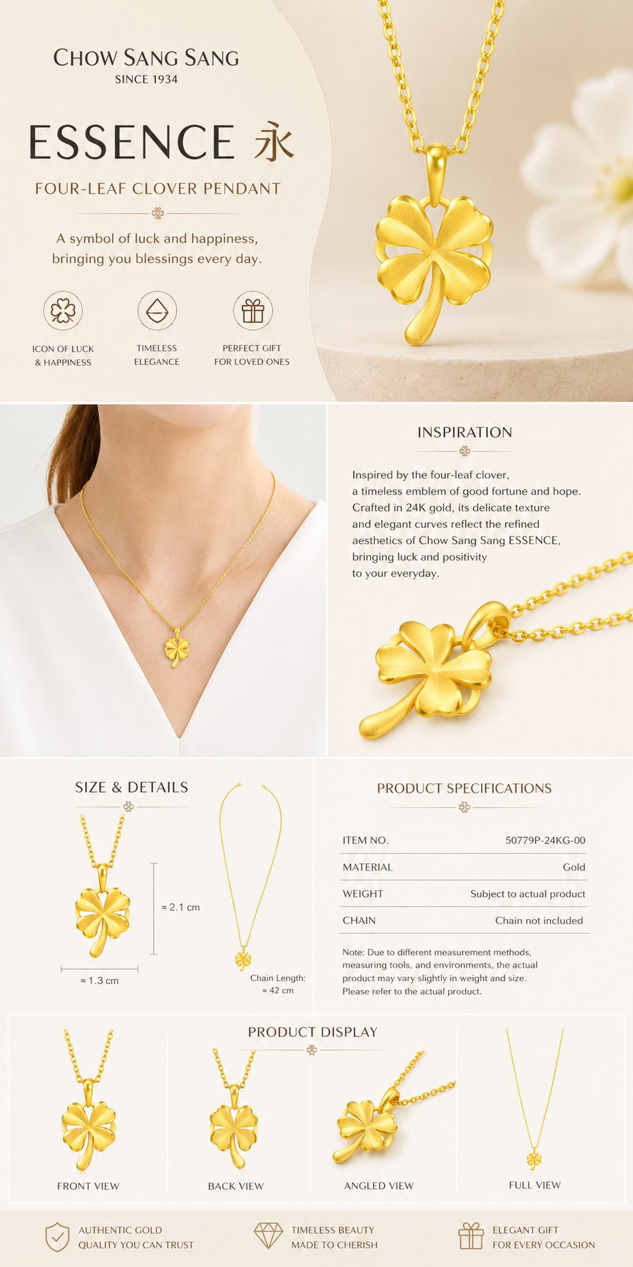 999 Pure Gold Four Leaf Clover Pendant – Symbol of Hope, Love & Beautiful Possibilities