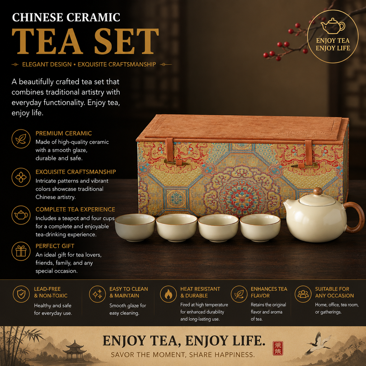 Imperial Harmony Tea Ceremony Gift Set™ | Chinese Ceramic Teapot & Tea Cup Set