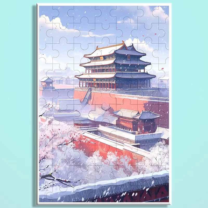 Forbidden City Snowfall Wooden Puzzle – Chinese Palace Winter Landscape Jigsaw, Oriental Snow Scene Puzzle Art for Adults & Cozy Home Decor FC003
