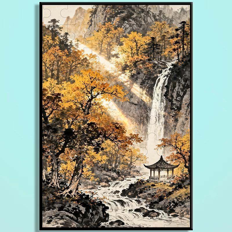 Four Seasons Chinese Landscape Wooden Jigsaw Puzzle – Oriental Mountain Waterfall Art Puzzle, Zen Healing Puzzle, Relaxing Mindfulness Home Decor Gift SJ003