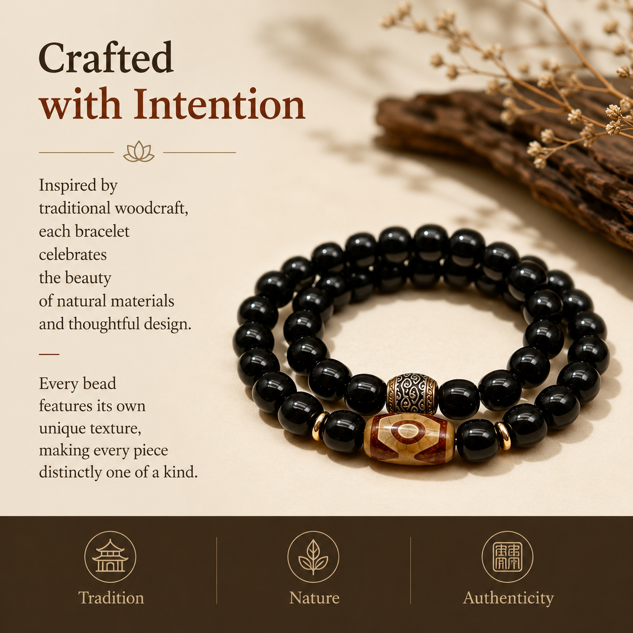 Black Sandalwood & Dzi-Style Bracelet