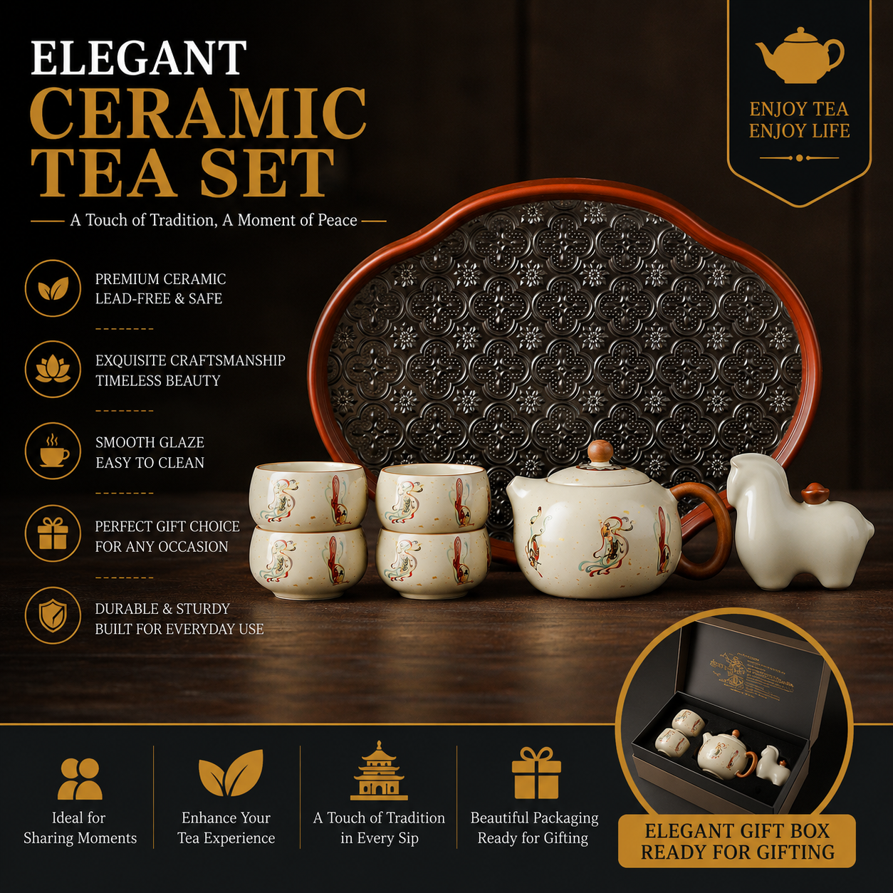 Dunhuang Flying Apsara Ceramic Tea Ceremony Gift Set™ – Luxury Chinese Tea Set with Tea Tray & Horse Tea Pet